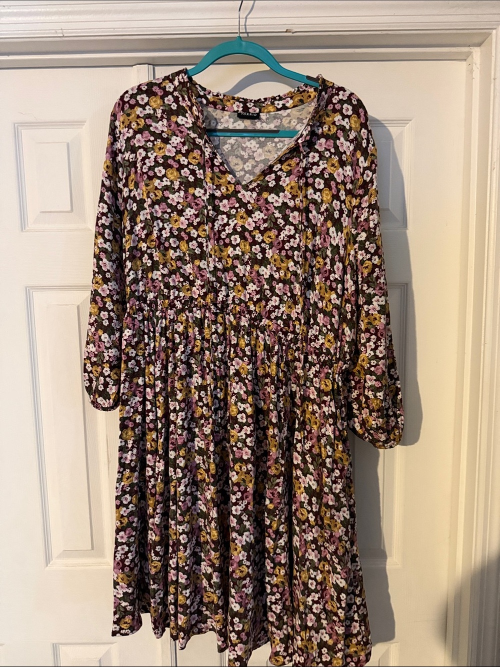 torrid Black Floral V-Neck Tiered Dress with Pink & Yellow Blooms